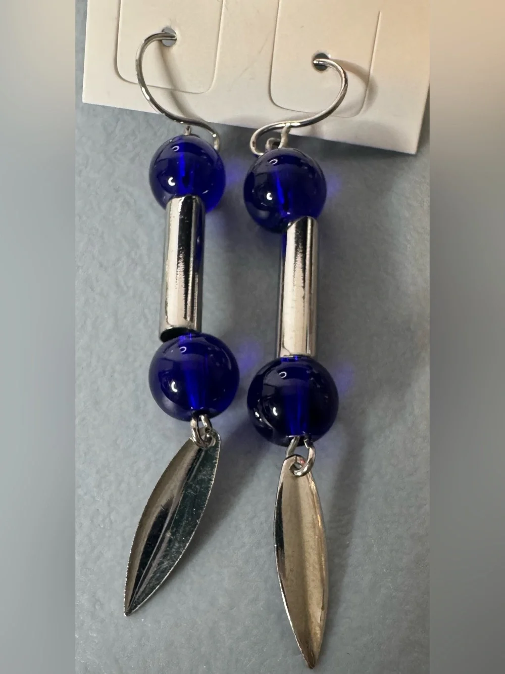 Blue Glass Bead Drop Earrings with Silver Accents